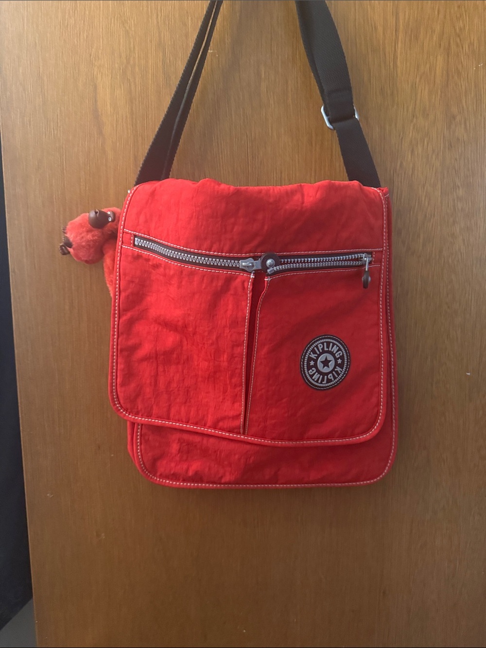 Kipling Bright Red Crossbody Messenger Bag with Black Strap